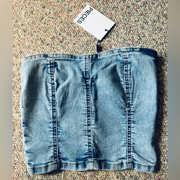 ASOS Pieces Denim Corset Bandeau in Light Blue Size XS - Picture 2 of 5